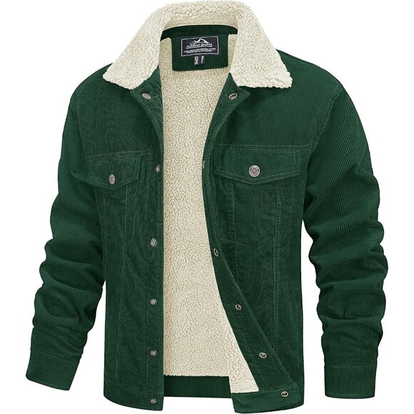 Mens Emerald Green Corduroy Jacket Sherpa Lined Warm Winter Trucker Cargo Coat - Picture 1 of 7